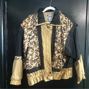 80s VINTAGE Gold & Black Paisley Bomber Windbreaker Jacket with Shoulder Pads